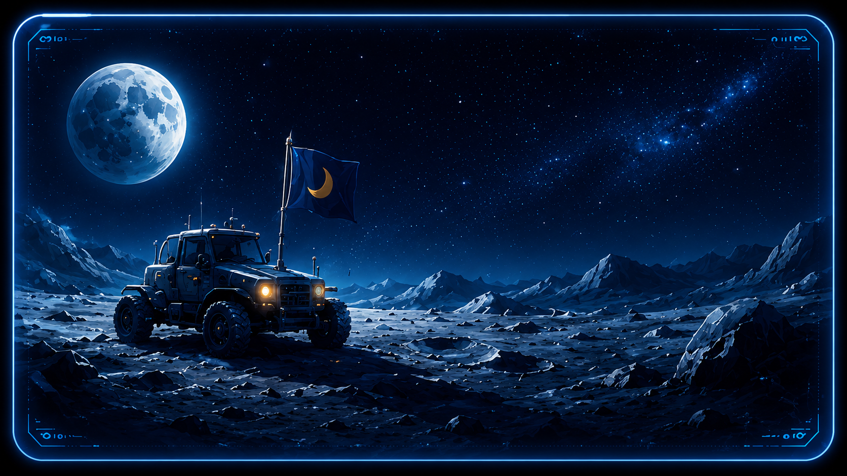 A lunar rover exploring a blue moon landscape beneath the stars